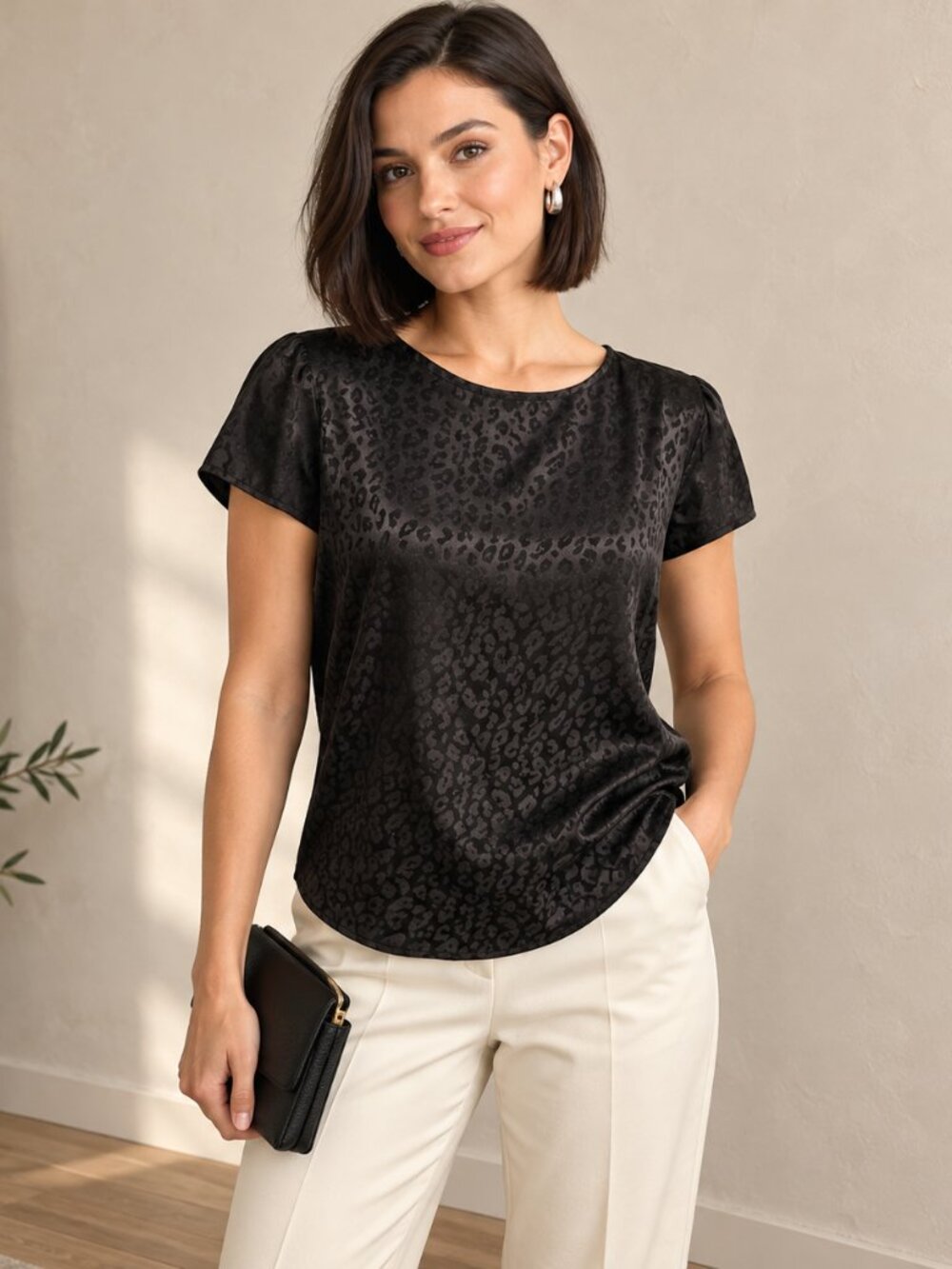Westmoon Black Leopard-Print Cap Sleeve Satin feel Top Large
